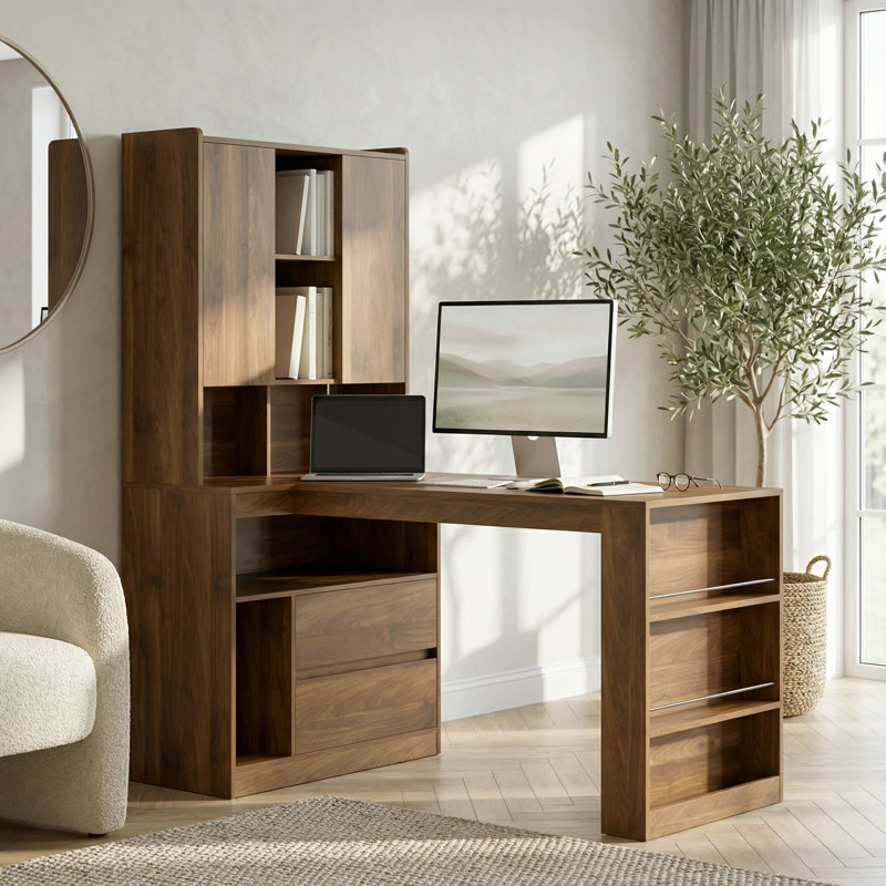 Modern L-Shaped Corner Desk with Integrated Storage Cabinet and LED Lighting for Home Office and Gaming Setup
