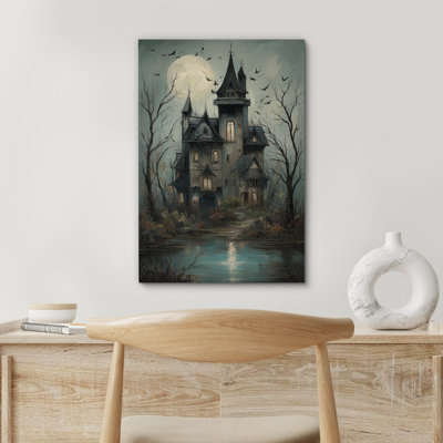 Moody Skull Gothic Haunted House with Full Moon and Bats Halloween Print Pictures Frame Canvas Print Wall Art