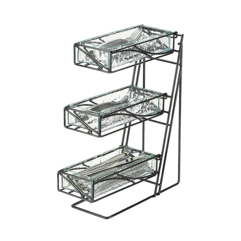 Black 3-Tier Metal Flatware / Condiment Display with Faux Glass Bins