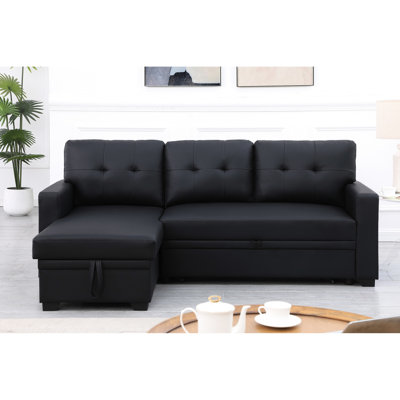 Canapé modulaire rembourré avec méridienne et canapé-lit, revêtement en similicuir noir, rangement