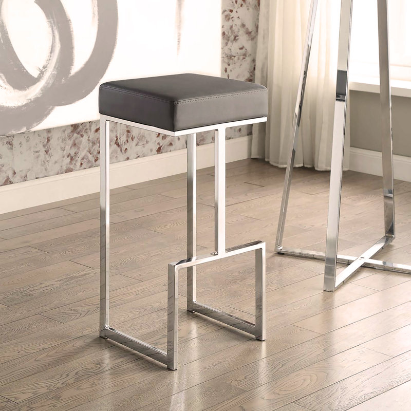 Tabouret de bar rembourré en chrome, Gris