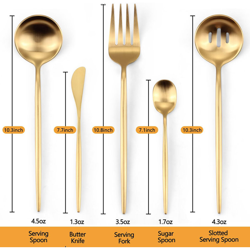 Ensemble d'ustensiles de service en acier inoxydable - 5 pièces avec cuillères, fourchette, couteau, Doré