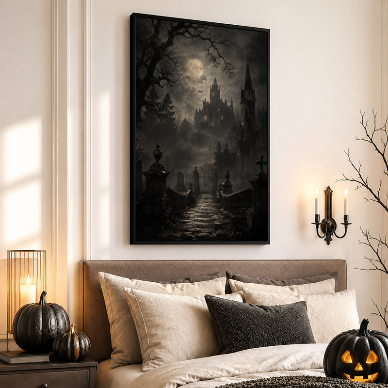 Art mural sur toile gothique Haunted Mansion and Graveyard Under Full Halloween, H 18 po x l 12 po