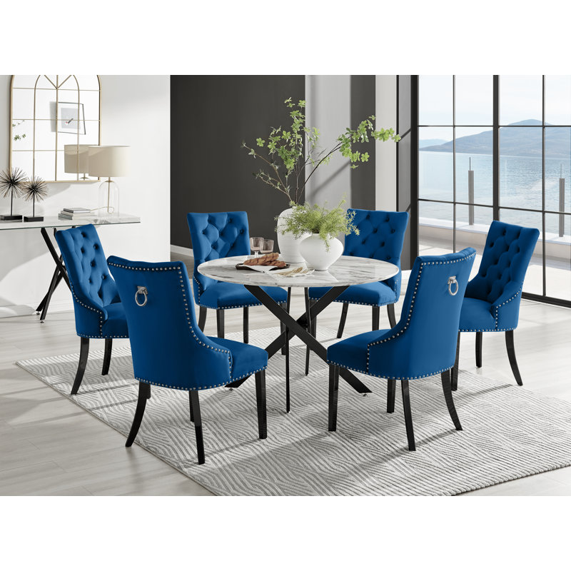 Tierra Modern Chrome Metal & Glass Round Dining Table Set with 6 Luxury Button Velvet Chairs, Grey, Black
