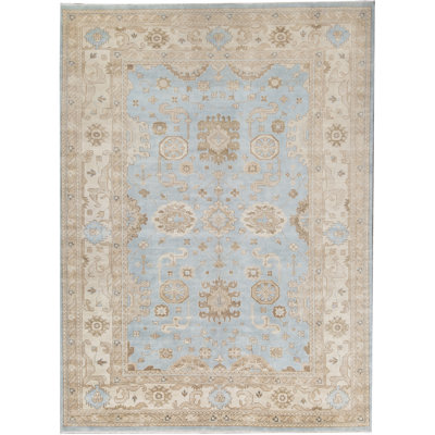 Tapis bleu et beige noué à la main de haute qualité