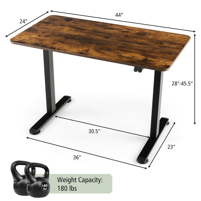 Bureau électrique à hauteur ajustable Denehoe 44 € X 24 € Bureau assis-debout avec planche de raccordement Robuste support en métal en forme de T Trou de gestion des câbles brun rustique
