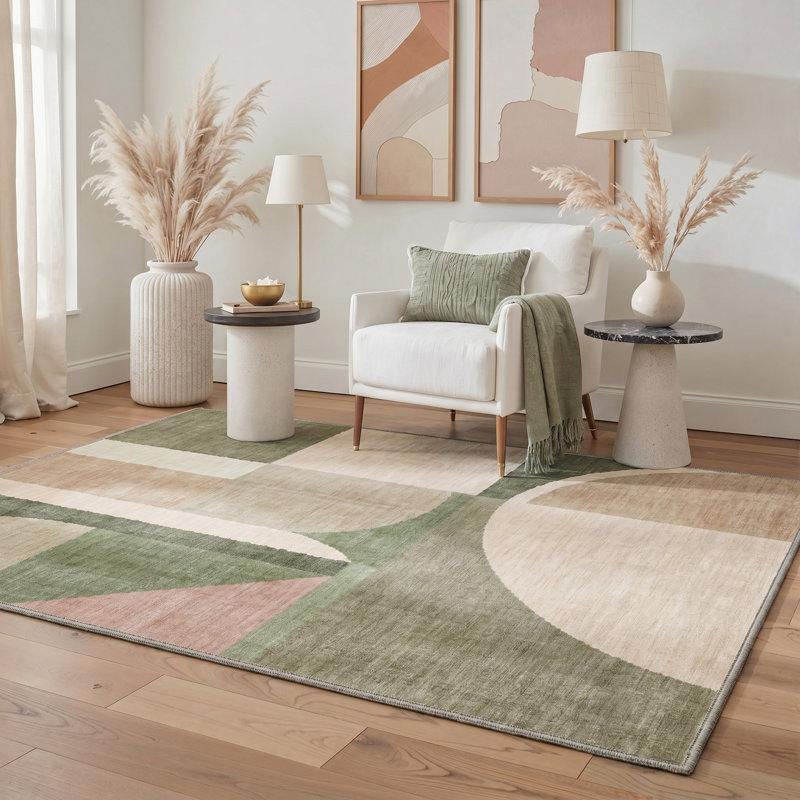 Aura Geometric Machine Washable Green / Beige Indoor Area Rug with Non-Slip Backing, Rectangle 9' x 12'