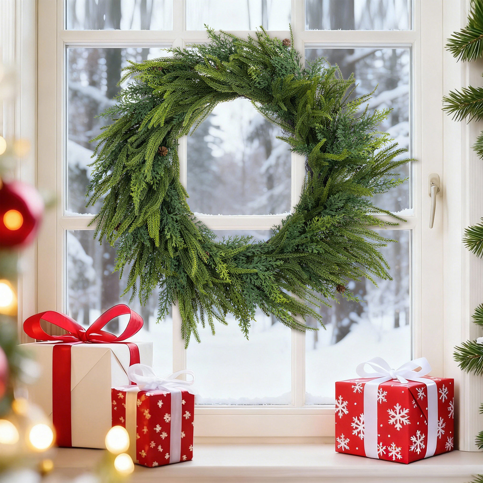 25" Mixed Greenery PE Dripping Christmas Wreath – with Pinecones