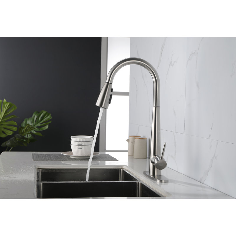 Robinet de cuisine rétractable en nickel brossé, poignée simple à grande arche | Idée de cadeau, Nickel brossé