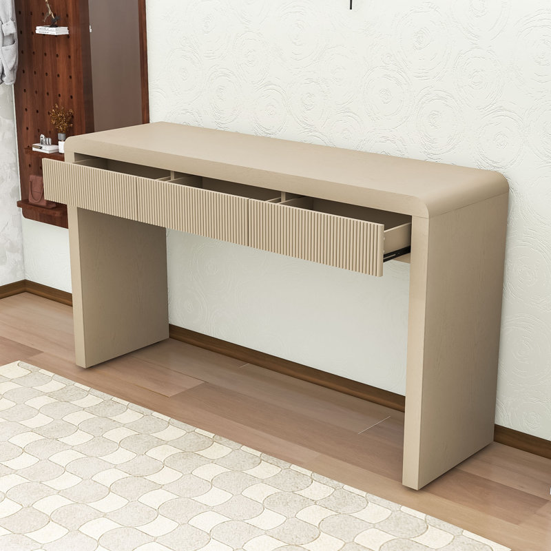 Rustic Minimalist Wooden Console Table with Storage Drawers, Adjustable Feet and Curved Edge Design, Apricot
