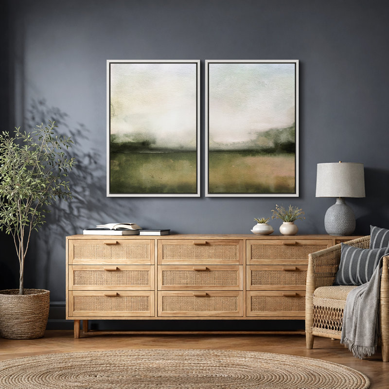 «Minimal Landscape», art à l'aquarelle vert pâle, images murales minimalistes classiques simples, impression sur toile encadrée, ensemble de 2 pièces, 16 x 24 x 2, 24 x 36 x 2