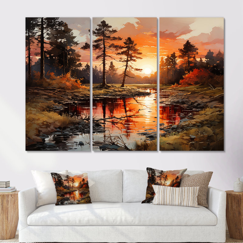 River Though Forest Sunrise I - Forest Canvas Art Set, H 28 po x l 36 po x P 1 po, Toile tendue