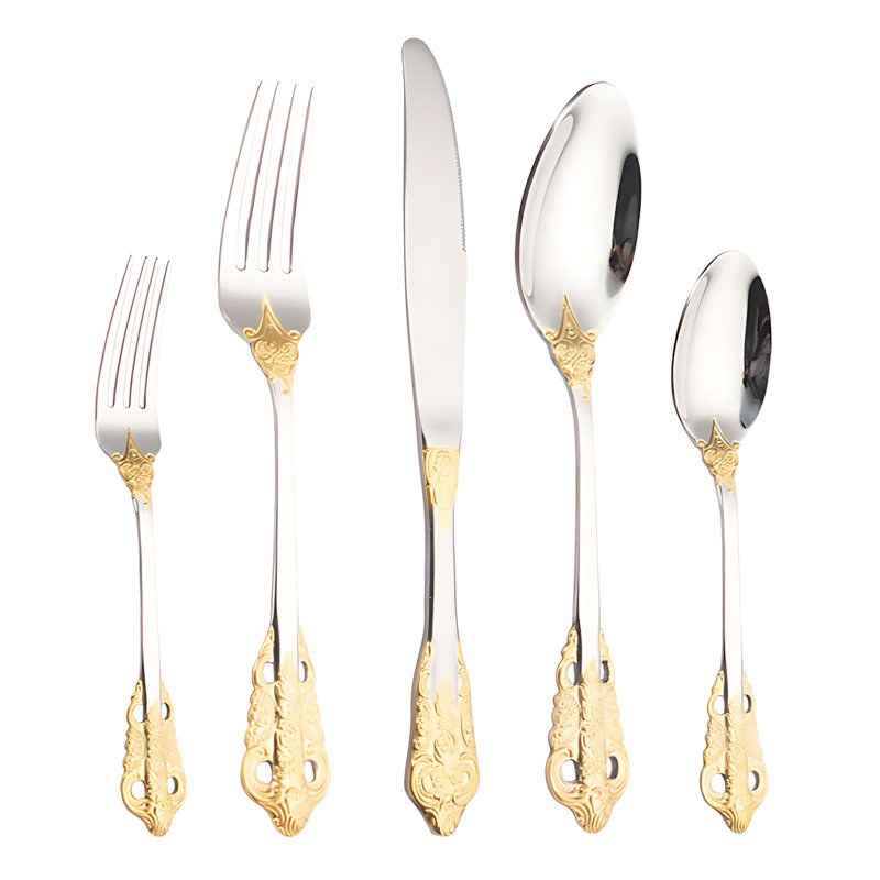Ensemble de 20 couverts en acier inoxydable 304 avec motif en relief plaqué or royal - couteau, fourchette, cuillère, cuillère à dessert et fourchette à dessert