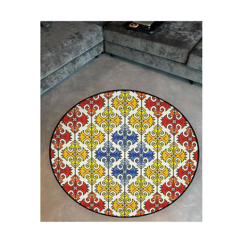 Tapis rond lavable à la machine moderne à motif tissé rond jaune et rouge, Sous-tapis rond 3 pi 3 po inclus