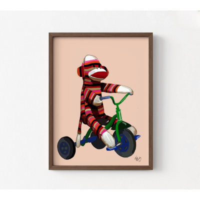 Adorable affiche de singe chaussette rouge, reproduction encadrée d'un animal mignon, œuvre de singe chaussette, art mural de salle de jeu pour enfants tricycle