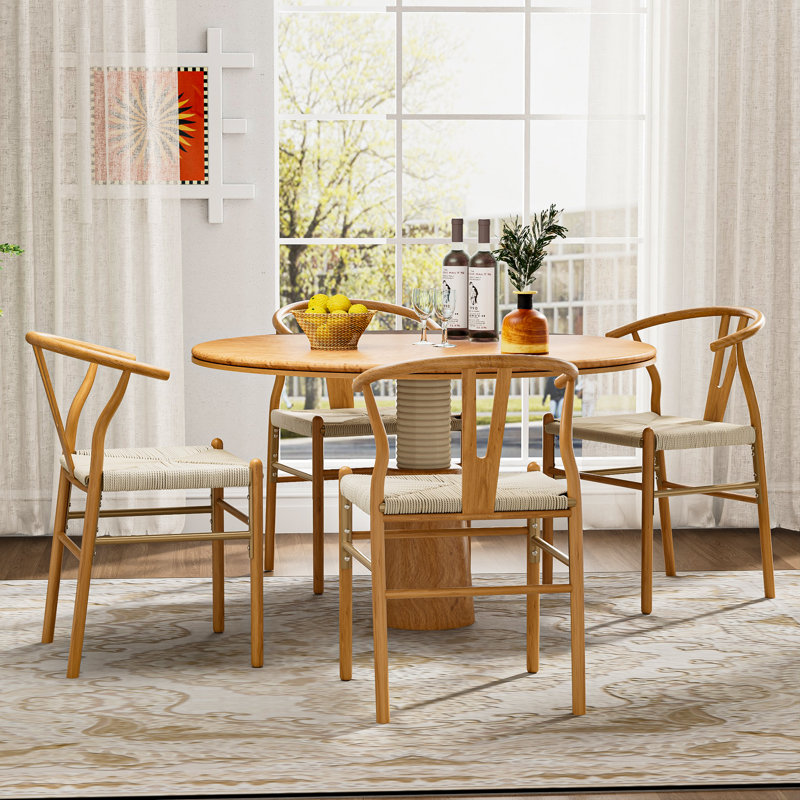 Chaises de salle à manger à dossier en Y en bois massif Wishbone, Naturel / Beige