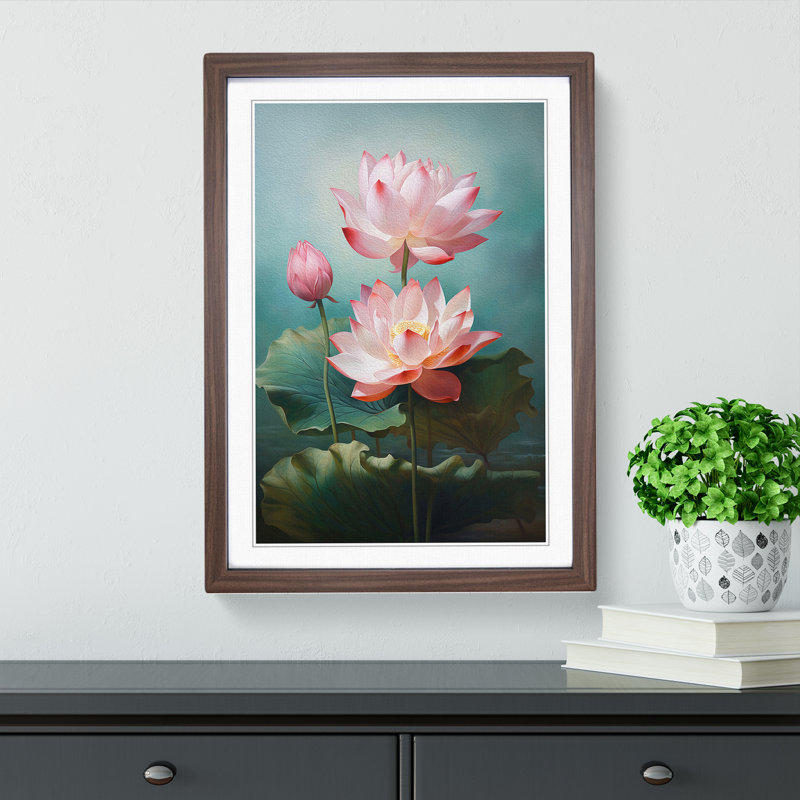 XYZ-FRM-V1223-4324 Lotus Flower Classicism - Single Picture Frame Print on Wood, Walnut, 46cm H x 34cm W x 2cm D