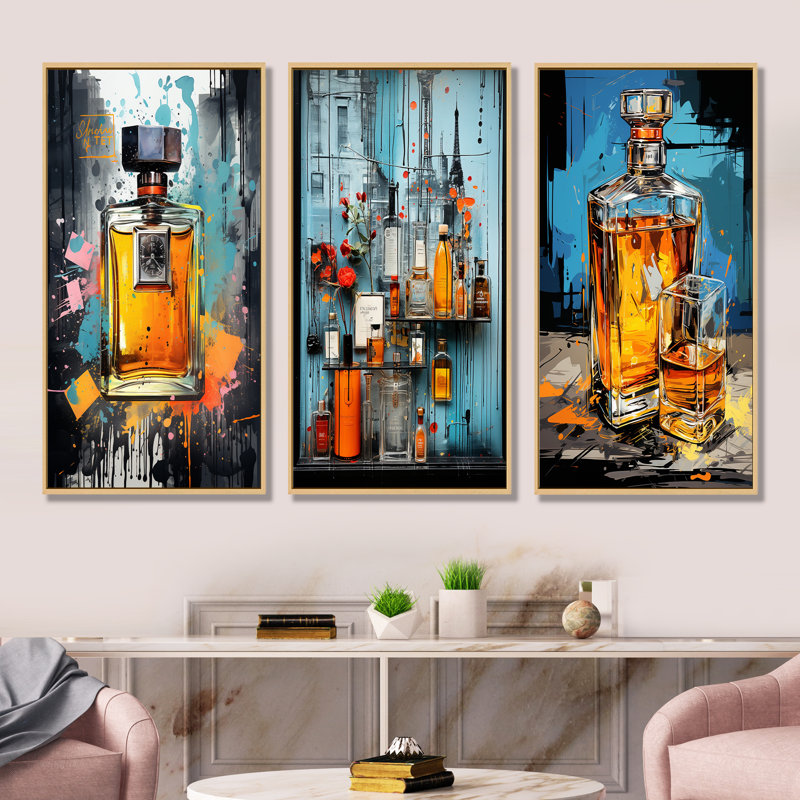 «Fragrant Bottles Of Art Deco Perfumes I», ensemble de 3 reproductions d'art sur toile, Cadre flottant brun