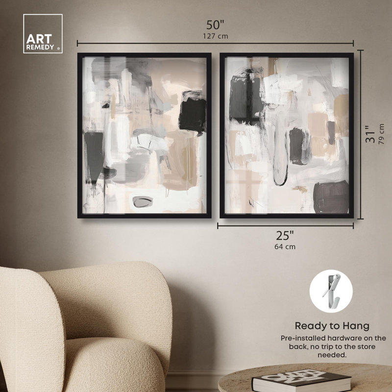 Contemplative Minimal Abstract Duo Shadowbox Print Boho Wall Decor par Art Remedy, cadre noir, 24 x 30, H 31 po x l 25 po