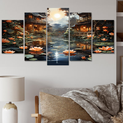 «China Art Lotus Lantern II», art mural chinois, salon, 5 panneaux