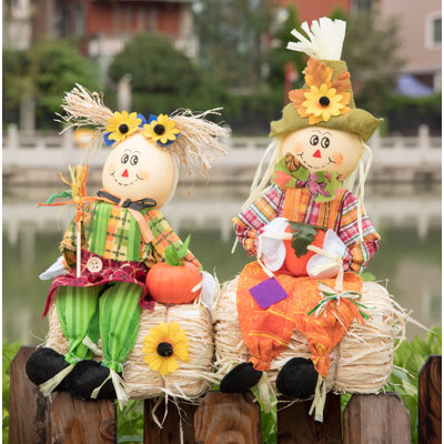 13 Inch Duo Scarecrow Seated on a Rustic Hay Bales - Enjoy the Magic they Bring