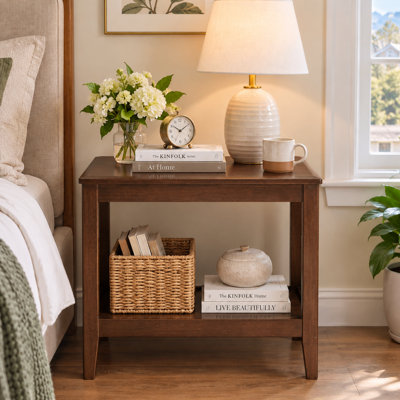 Farmhouse Rustic 100% Solid Wood Side Table with Lower Storage Shelf, Two Tier Rubberwood End Table and Plant Stand for Living Room Bedroom