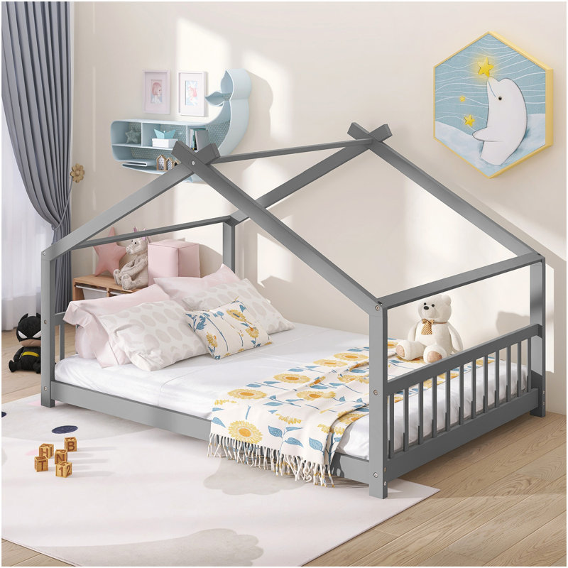 Lit double en bois, gris