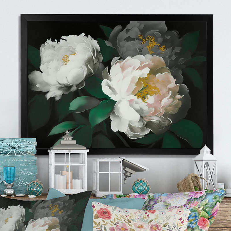 «White Blossoming Peony on Black I», reproduction sur toile, L 20 po x H 12 po, Cadre photo noir