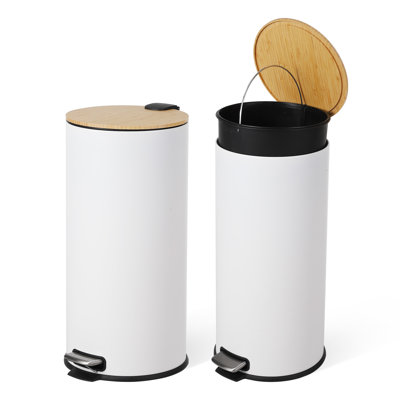 8 Gallon Step Trash Can with Soft-Close Bamboo Lid, Stainless Steel Garbage Can with Removable Inner Bucket, 30L Round Trash Bin, Perfect for Kitchen, Bathroom, Living Room, White