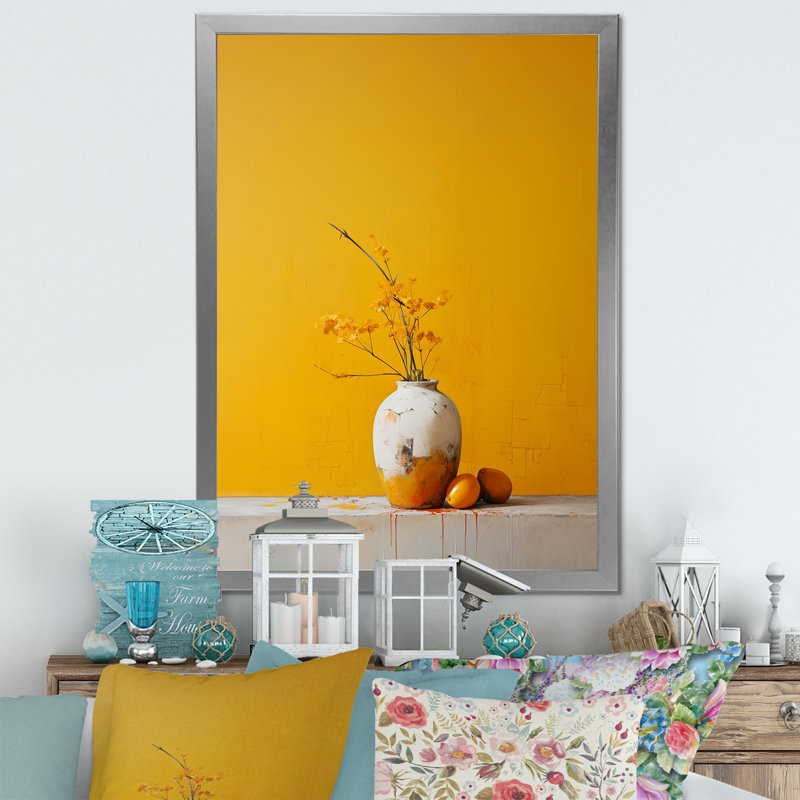 Minimalisme jaune blanc sur fond blanc, H 32 po x l 24 po x P 1 po, Cadre simple argenté