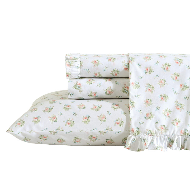 Laura Ashley Floral Ruffled Hem Cotton Sheet Sets, Queen Sheet Set + 1 Fitted Sheet + 2 Pillowcases