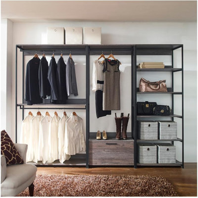  Wood Walk in Closet System with Drawer and Black Metal Frame in Rustic Finish