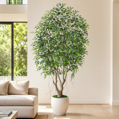 8FT Realistic Artificial Ficus Tree | Ficus Tree Artificial, Artificial Faux Tree in Large White Planter | Sturdy Artificial Ficus Trees Indoor for Living Room & Office Decor