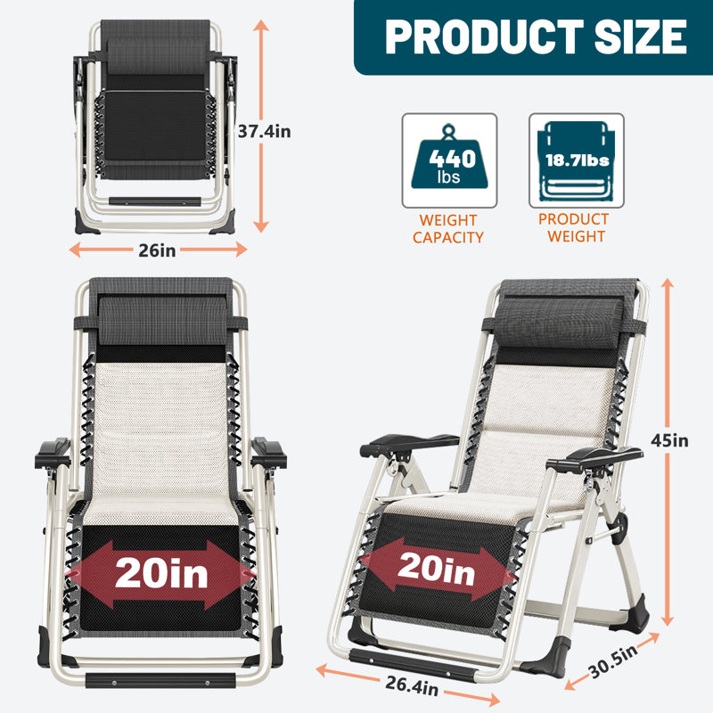 Zero Gravity Chair, Lawn Recliner, Reclining Patio Lounger Chair, Folding Portable Chaise, Adjustable Headrest, Support 440lbs. (Non-removable Cotton Pad)