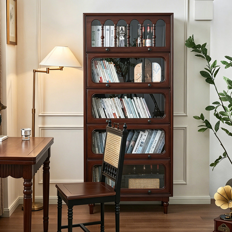 Bibliothèque verticale en bois massif 31,89 po, vitrine de rangement entièrement en bois massif pour le salon, bibliothèque à cinq portes arquées