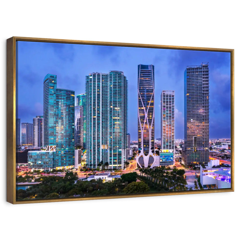 Vue aérienne du centre-ville de Miami, Cadre flottant doré, 37 po x 25 po