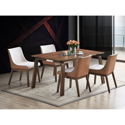 Table de salle à manger contemporaine 5 pièces, table rectangulaire avec bords arrondis et 4 chaises à oreilles pour les réunions de famille, style rétro, style moderne, noyer brun