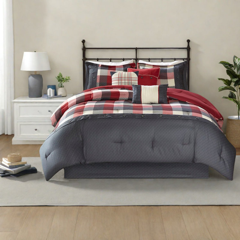 Ensemble de literie rustique 7 pièces, tissu à chevrons en polyester, style maison de campagne confortable pour Cal King