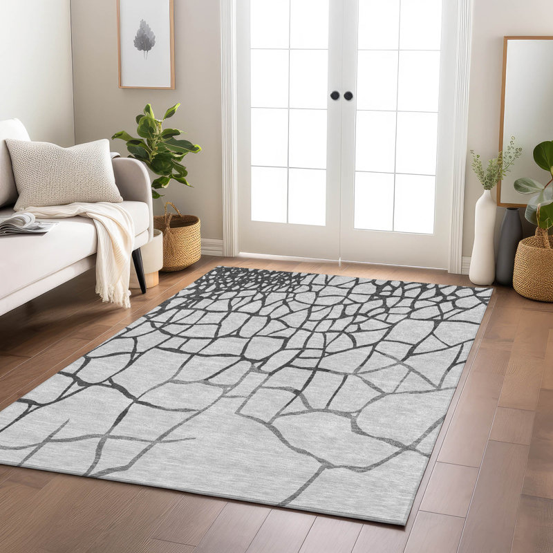 Gray Rectangular Washable Synthetic Flat Woven Rug, 3' x 5'