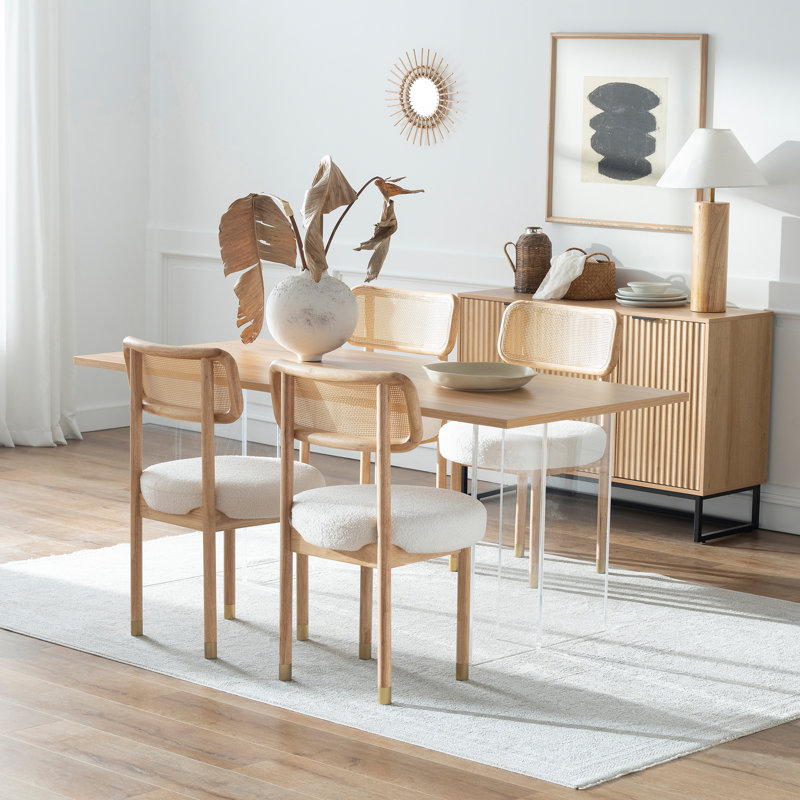 Mid-Century Modern Dining Chairs With Upholstered Seat And Rattan Back - Wood Leg Accent Chairs, 4, Natural Oak