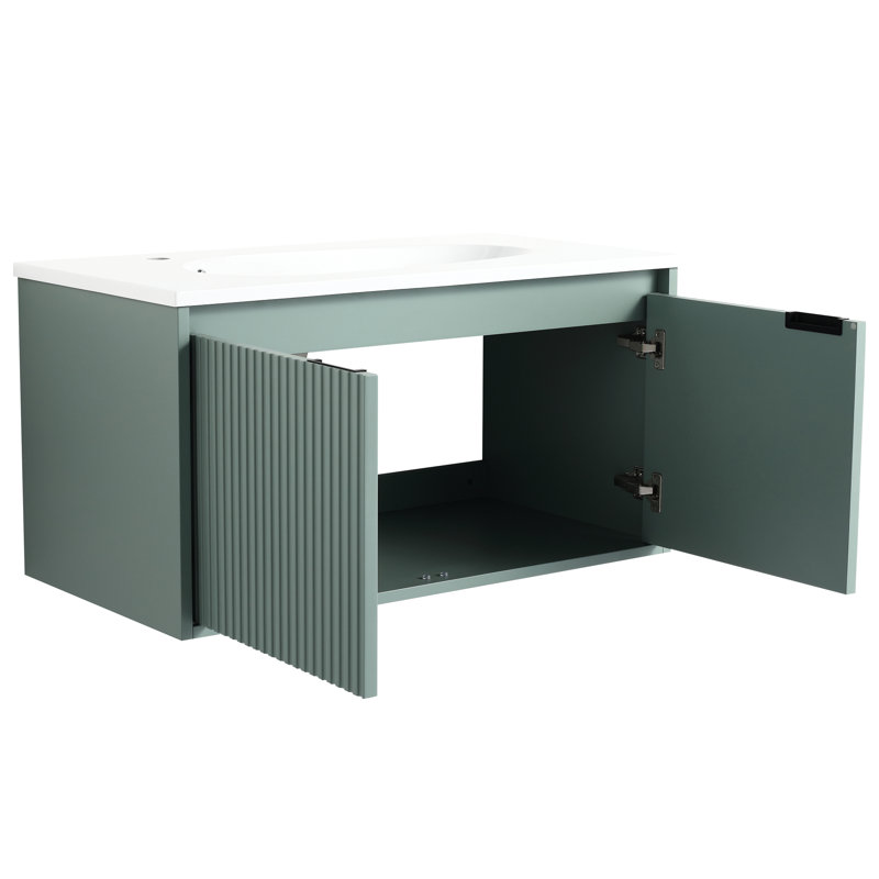 Meuble-lavabo de 36 po avec lavabo en résine en forme de goutte - moderne, grande armoire de rangement murale à 2 portes à charnières
