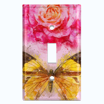 Metal Light Switch Plate Outlet Cover (Flower Rose Butterfly 1 - Single Toggle)