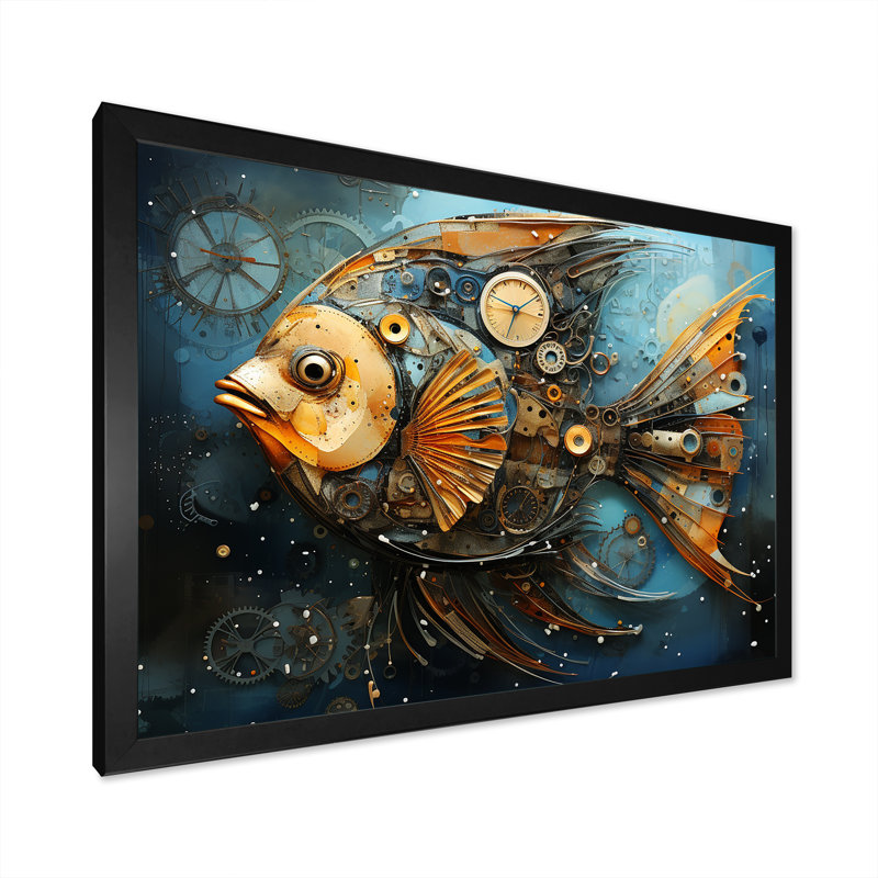 «Yellow Cubist Fish», art mural bleu, H 12 po x l 20 po x P 1 po, Cadre d'angle fermé noir