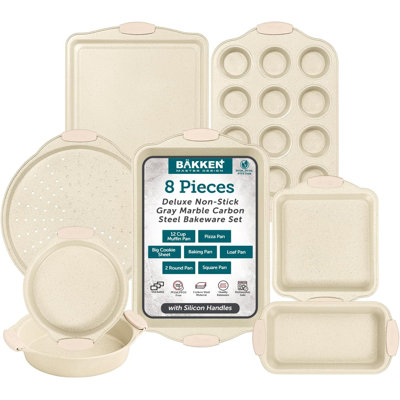 Ensemble de plats de cuisson en acier au carbone 8 pièces de luxe, revêtement en marbre blanc antiadhésif, poignées en silicone, plaques de cuisson professionnelles