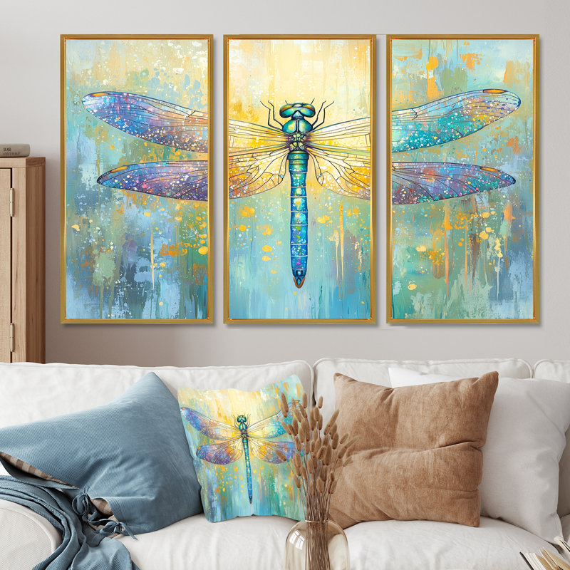 «Iridescent Wings Of A Dragonfly V», ensemble de reproduction d'art mural libellule, 32" H x 48" W, Gold