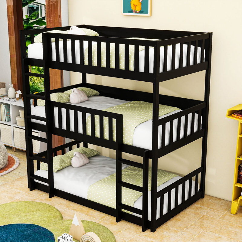 Twin Over Twin Over Twin Triple Wood Bunk Bed With Safety Fatures, Detachable Design, Black