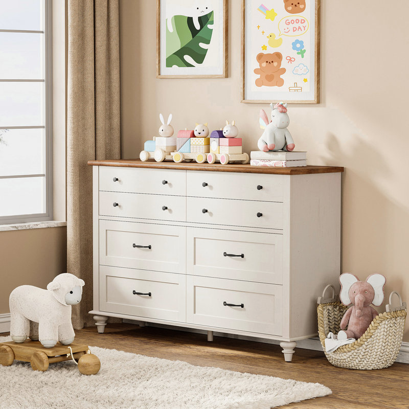 Commode pour bébé 54 po à 8 tiroirs | Rangement pour chambre d'enfant de ferme | Commode double en bois pour chambre d'enfant et d'enfant