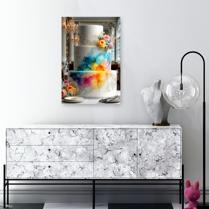Aquarelle éclatante, gâteau de mariage aquarelle abstrait coloré, art mural, 36" H x 24" W
