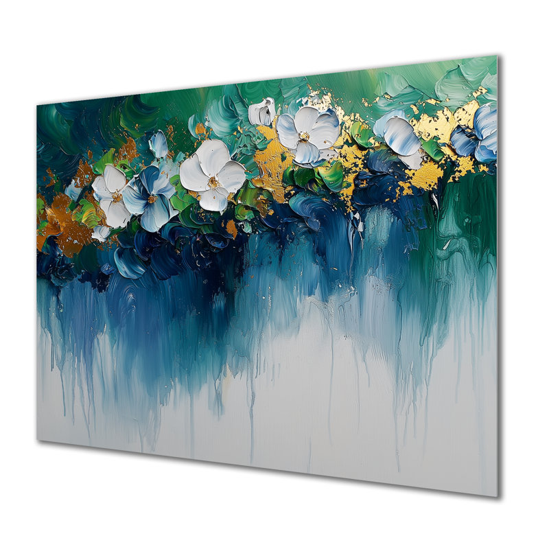«Green Neo Expressionism Of Rhythmic Driauge Flowers I» - Art mural en métal néo-expressionniste, H 12 po x l 20 po
