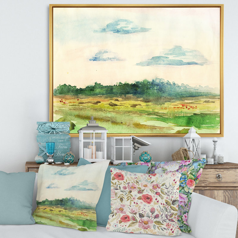 «Green Blossoming Summer Landscape», peinture sur toile, Toile encadrée d'or, H 30 po x l 40 po x p 1 po